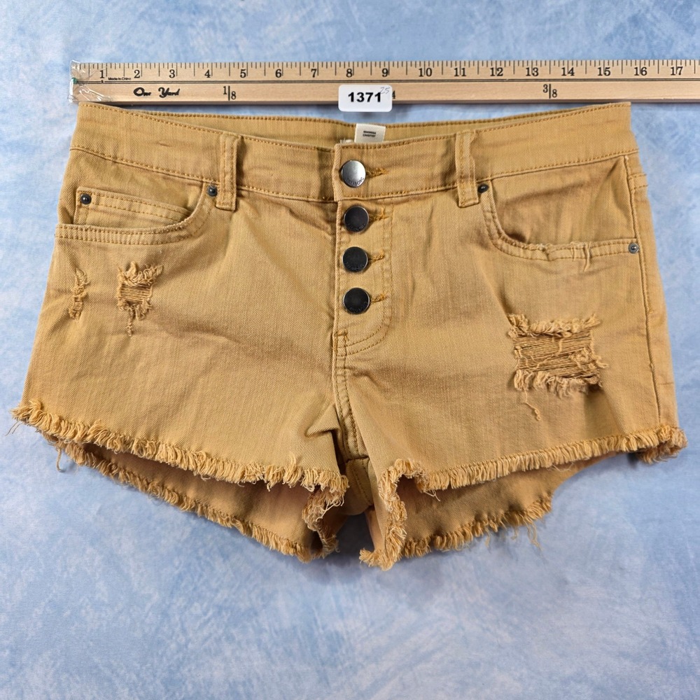 Billabong Womens Mustard Yellow Distressed Denim Shorts Button Fly Size 28